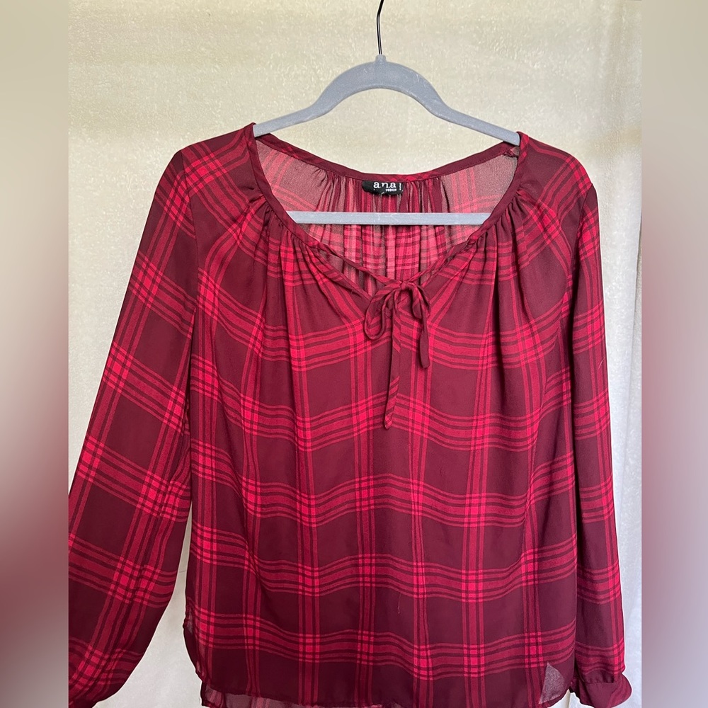 A.N.A Red Plaid Sheer Blouse